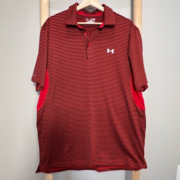XL UnderArmour ColdBlack Heatgear Red Black Striped Golf Polo short sleeve Shirt - Picture 1 of 7
